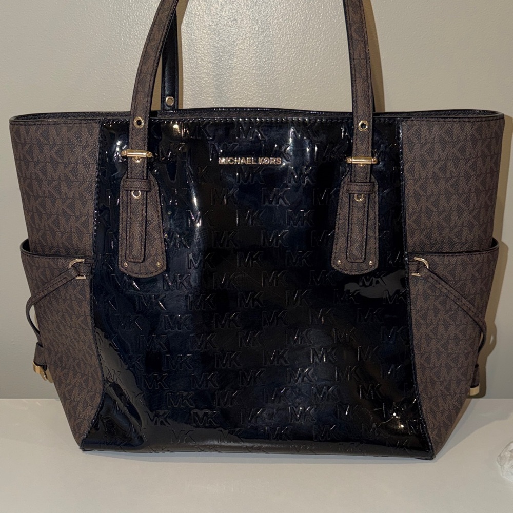 Michael Kors Purse Black Patent and Brown Monogram Tote Bag